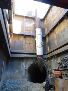 The tunnel shaft at Cannon Road with the disabled roadheader in the foreground.