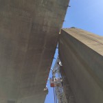 The new Bay Bridge comes within inches of pier E1 (on left)  of the old bridge.