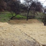 A cleared lot with straw wattle and erosion control matting in place.